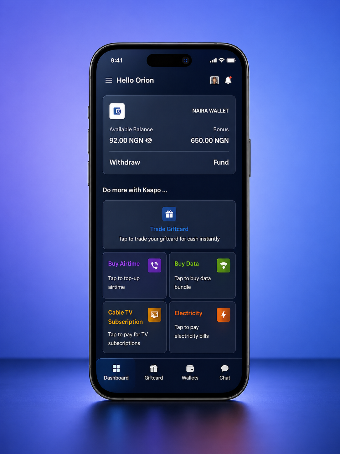 Kaapo mobile phone dashboard mockup